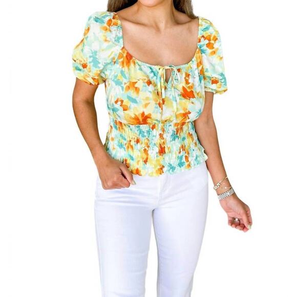 NWT KUT FROM THE KLOTH scoop neck cropped smocked top in green/orange/white - L - Picture 2 of 9